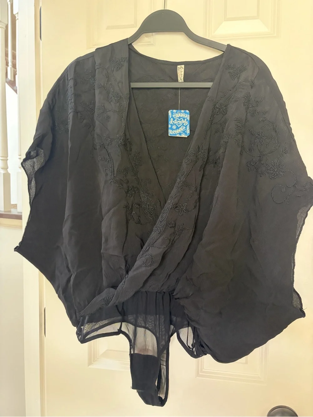 Free People Black Embroidered Wrap Bodysuit